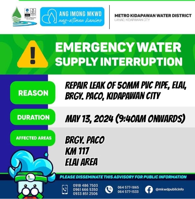 Read more about the article EMERGENCY INTERRUPTION: Repair Leak of 50mm PVC Pipe, Elai, Brgy. Paco, Kidapawan City